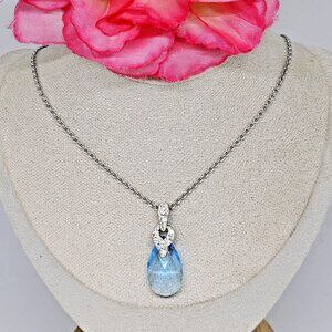 AU 925 Sterling Silver Blue Clear Crystal Glass Pendant Necklace Chain 18”